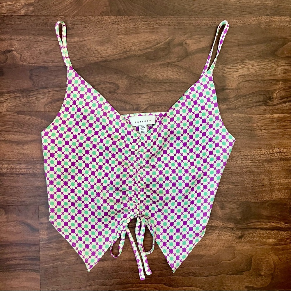 TOPSHOP Purple & Green Floral Spaghetti Strap Ruched Tied Cropped Top Size 2